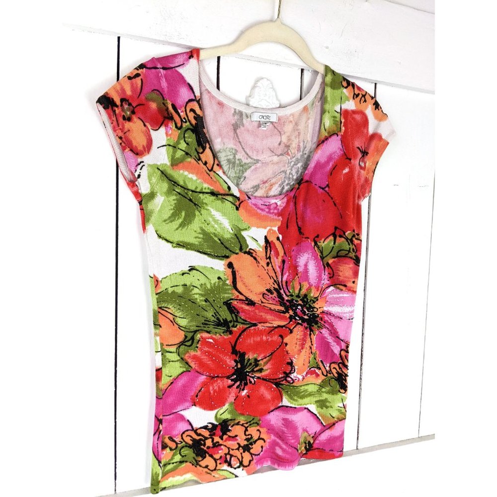 Vintage Cache bold floral beaded cap sleeve sweater top - Picture 5 of 6